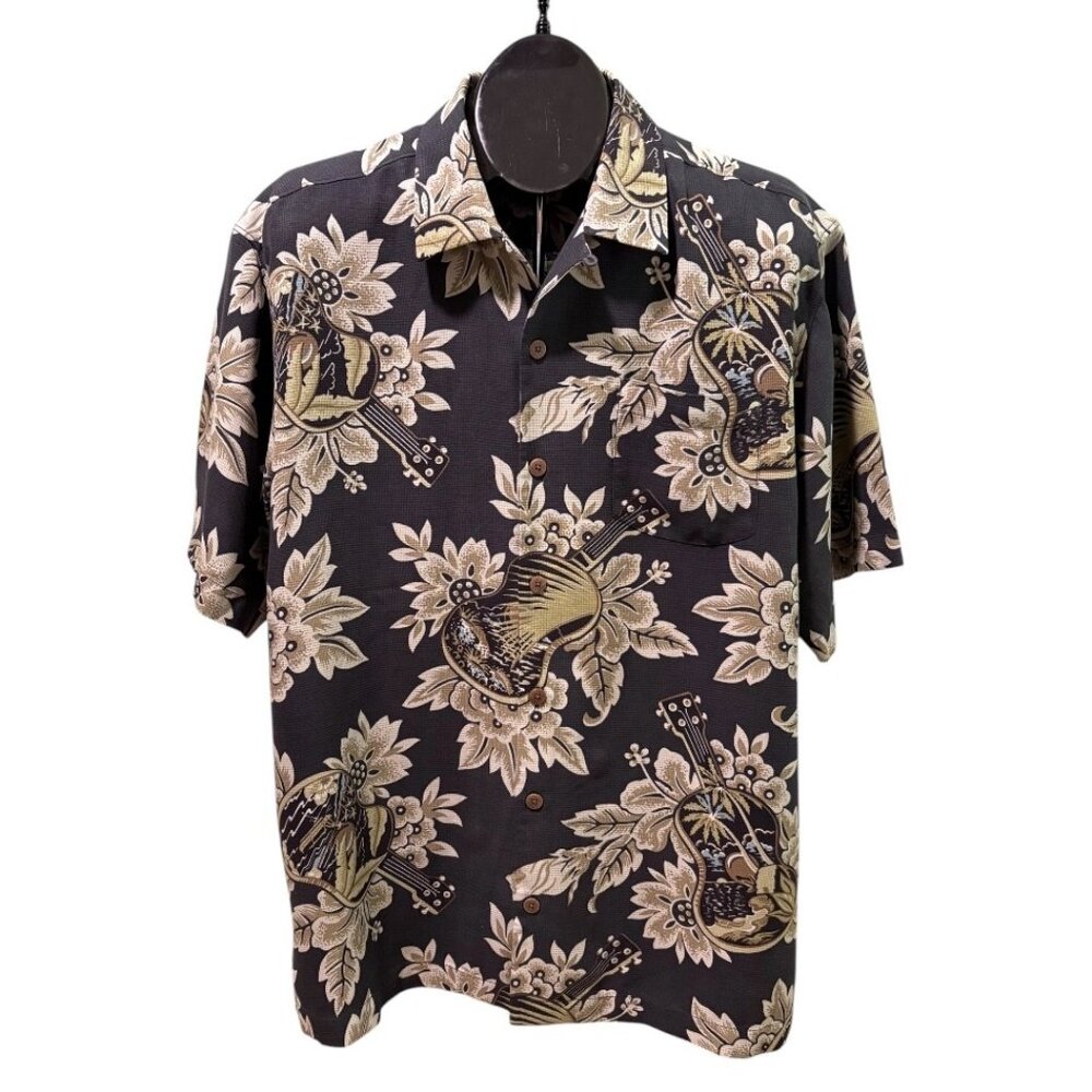 Tommy Bahama Silk Camp Shirt Men's M Black Green Hawaiian Guitar Ukele EUC